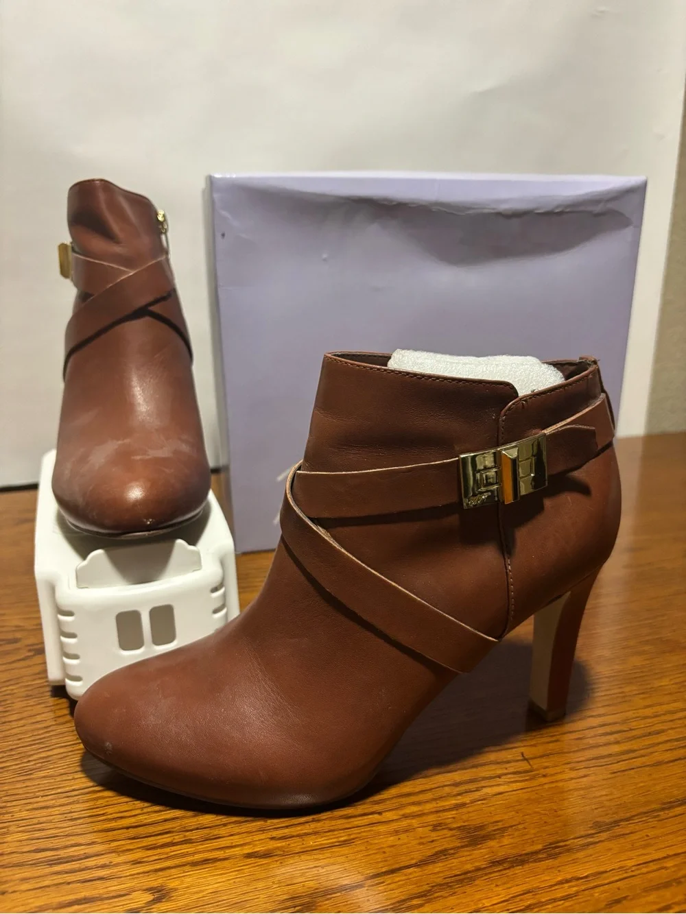 Marc Fisher Tan Leather Ankle Booties with Gold Buckle